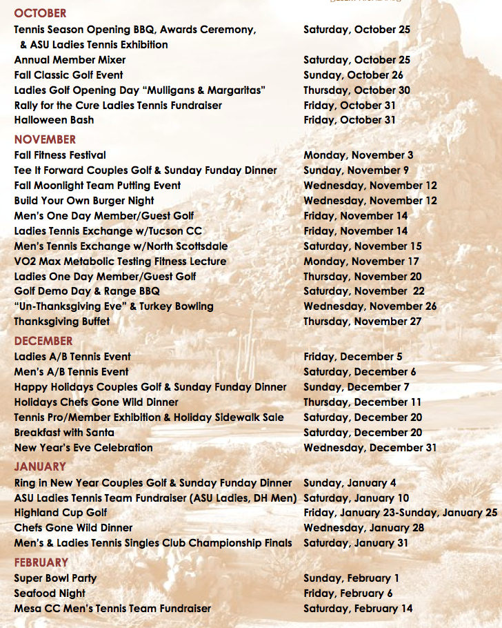 Desert Highlands Calendar of Events and Activities for Members 2014 to 2015